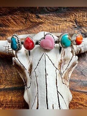 Sterling Silver Multi Stone Cuff Bracelet Turquoise Conch Spiny Oyster 7.5